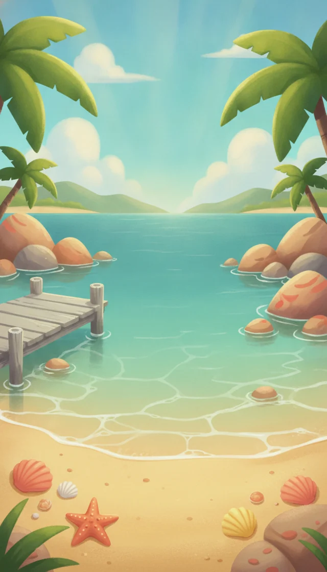 The Tumble Cove home screen backdrop: a sunlit cove with palms, a wooden jetty and shells on the sand.