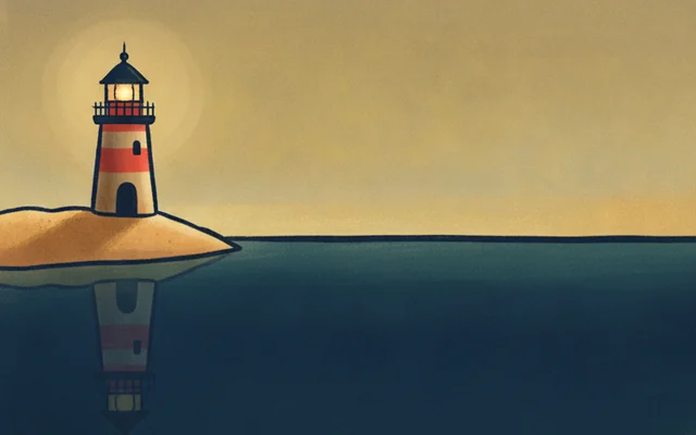 Sunny Cove — a little lighthouse on a sandy point at golden hour.