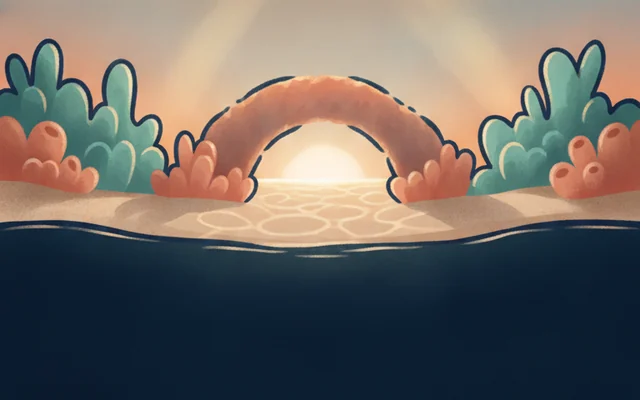 Coral Reef — a coral arch over bright shallow water.