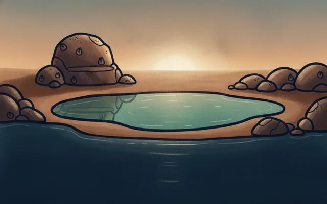 Tide Pools — a rocky pool ringed with stones at sunset.