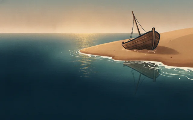 Shipwreck Bay — an old hull resting on a quiet sandy shore.