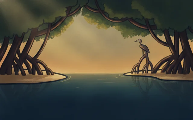 Mangrove Maze — tangled mangrove roots and a heron perch.