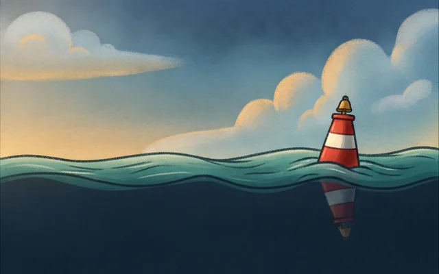 Open Sea — a striped buoy bell rolling on open water.