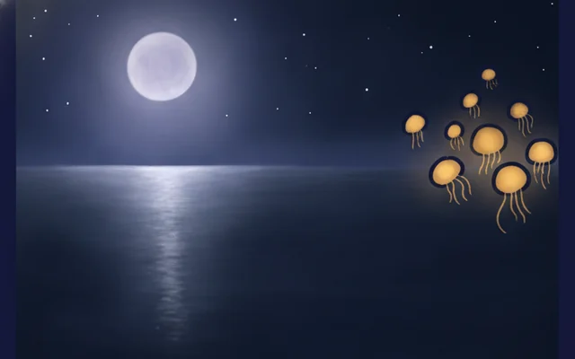 Night Waters — moon jellies drifting under a full moon.