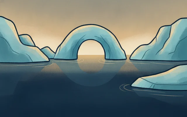 Glacier Drift — a pale blue ice arch above still water.