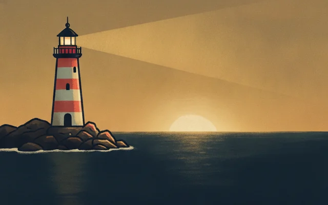 Lighthouse Point — the grand lighthouse against a golden sunset.